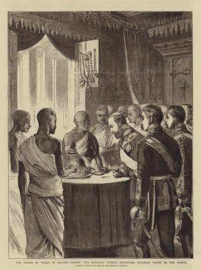 De Prins van Wales in Ceylon, Kandy, de boeddhistische priesters tonen de tand van Boeddha aan de prins door Alfred Chantrey Corbould